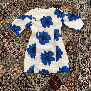 Vintage White Dress with Blue Flowers and Puffed Sleeves